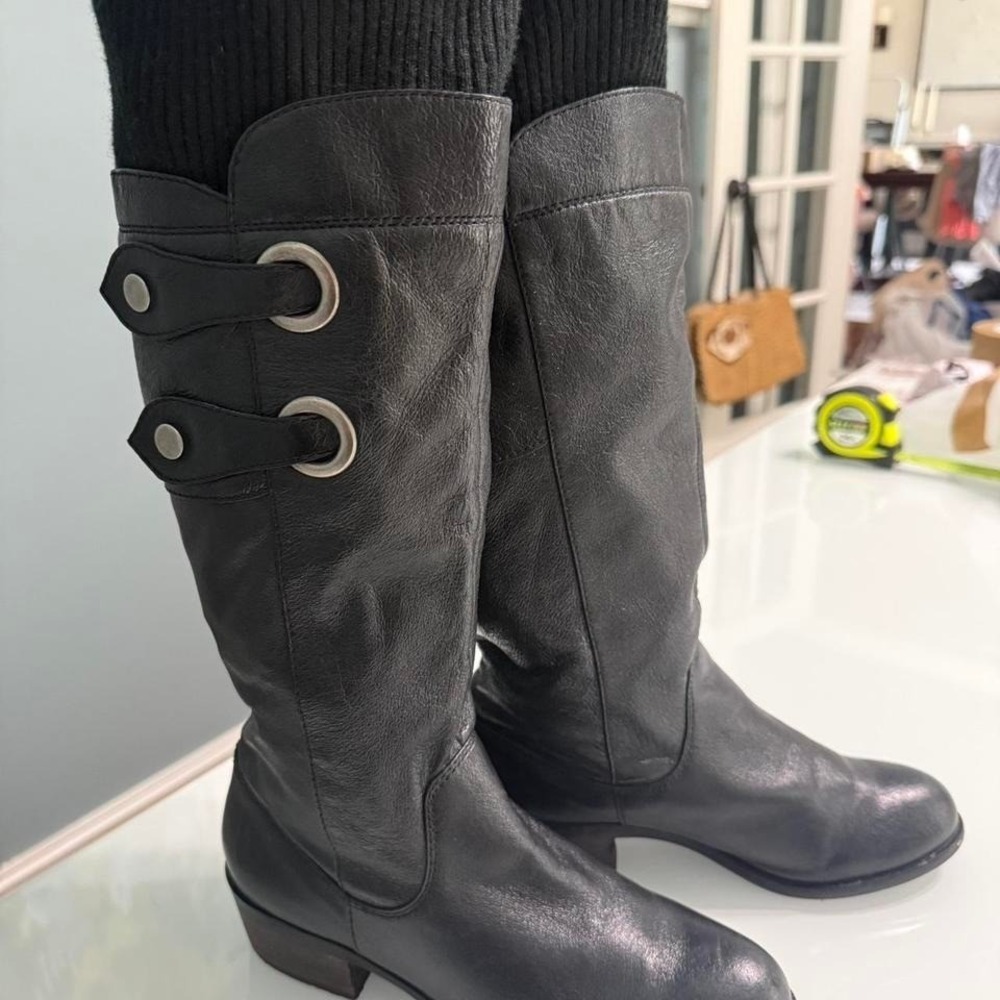 Steve Madden Black Leather Tall Riding Boots Knit Cuff Size 7
